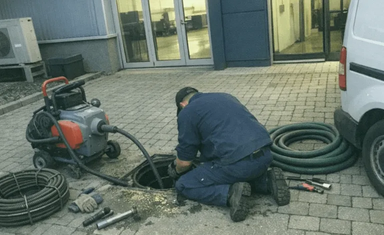 Hochdruck-Saug-Fahrzeug bei der Reinigung eines städtischen Kanalsystems