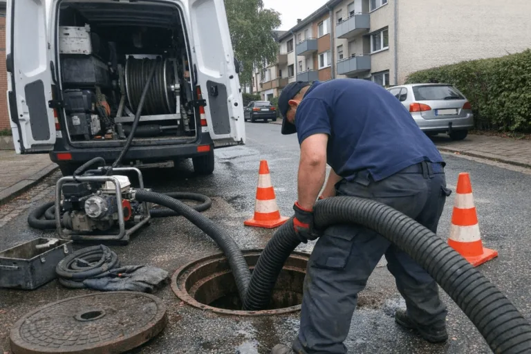 Techniker bei der Kanalreinigung eines Kanalschachts mit Profi-Equipment in städtischer Umgebung, Baden-Württemberg.
