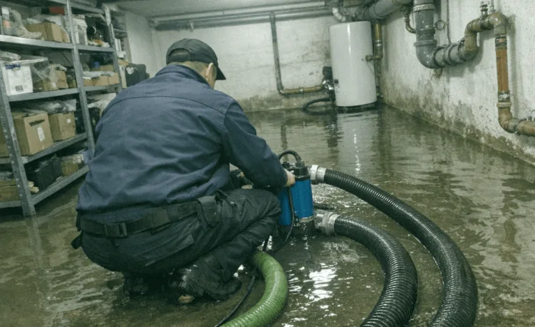 Techniker im Keller mit stehenden Wasser, Schläuchen und Saugausrüstung nach starkem Regen.