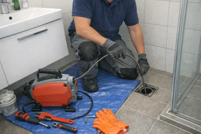 Mechanische Abflussreinigung an Waschbecken und Duschablauf im Haushalt