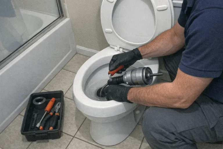 Installateur beseitigt eine WC-Verstopfung in einem sauberen Badezimmer