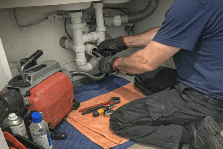 Techniker reinigt Innenrohre in Wohngebäude mit professioneller Rohrreinigungsausrüstung.