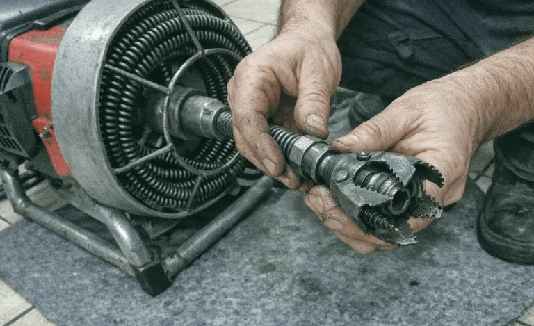 Techniker mit Rohrreinigungswerkzeugen und Schlauch bei der Vorbereitung einer Abflussreinigung