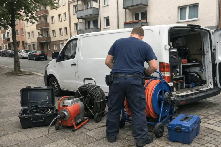 Rohrreinigungs-Team mit Servicefahrzeug an einem Einsatzort in Deutschland