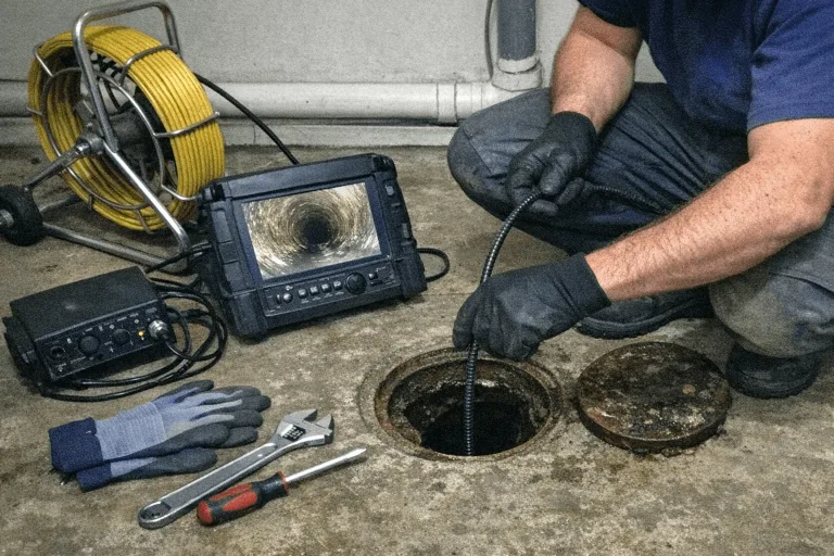 Techniker bei der TV-Kanaluntersuchung mit Kamerasonde und Monitor zur Inspektion eines Abwasserkanals.