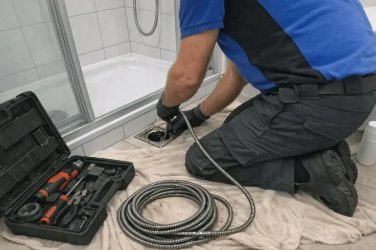Rohrreinigungstechniker beseitigt verstopften Bad- oder Küchenabfluss in Reutlinger Stadtwohnung.
