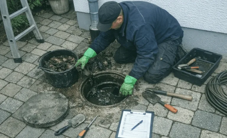 Wurzeleinwuchs an einer Gartenleitung neben einem Hofablauf