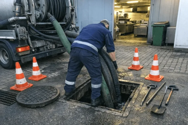 Techniker entleert Fettabscheider mit Sauggerät bei der Abwasserwartung in Leipzig.