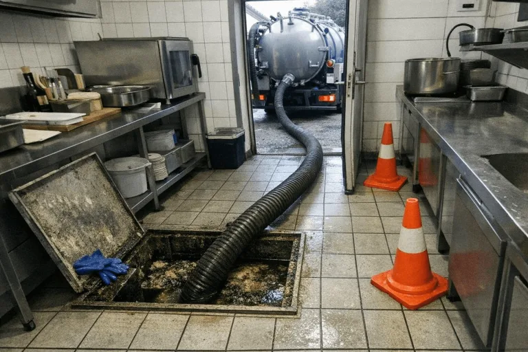 Restaurantküche mit geöffnetem Fettabscheider während einer Absaugung