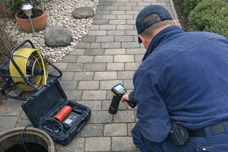 Techniker bei der Kanalortung mit Kamera und Ortungsempfänger
